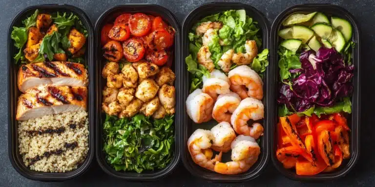 A colorful display of five meal prep containers with high-protein lunches, including grilled chicken, shrimp, salmon, and vibrant vegetables.