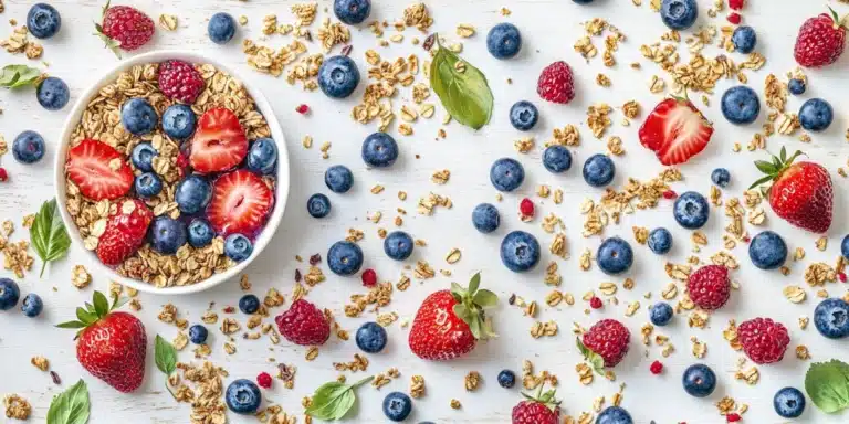 An overhead photo of a vibrant strawberry blueberry smoothie bowl with neatly arranged toppings such as fresh berries and granola