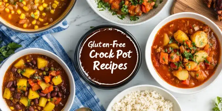 An image showcasing three gluten-free crock pot dishes: creamy potato soup, BBQ chicken, and vegan chili, arranged on white plates in a natural kitchen setting with the text "Gluten-Free Crock Pot Recipes" in bold at the center. The setup includes common utensils and warm lighting for a homey vibe.