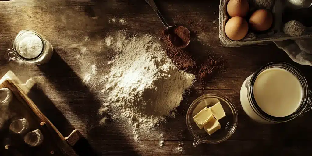 A warm and inviting photo of the key ingredients for a Texas sheet cake arranged on a rustic table