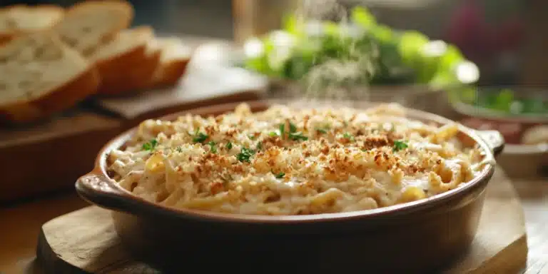 Freshly baked chicken tetrazzini in a rustic pan with a golden breadcrumb topping, steaming hot, served on a wooden table with garlic bread and a green salad in the background, bathed in soft natural light for a cozy and inviting setting