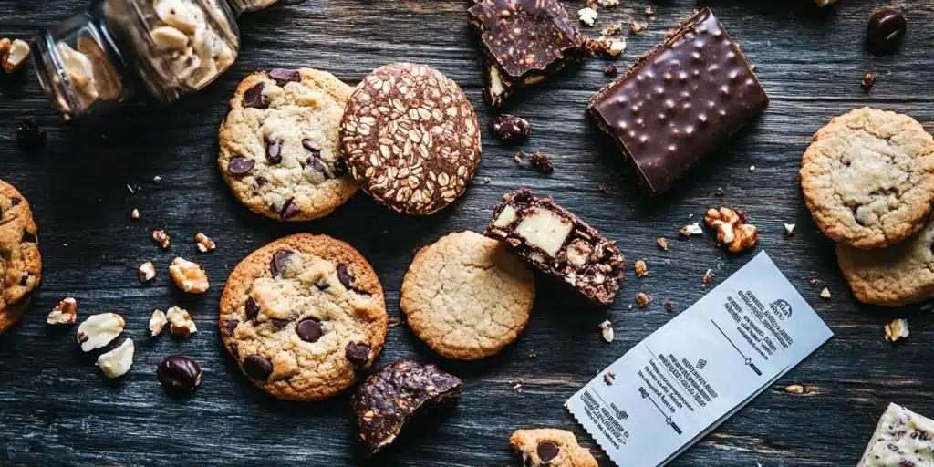 A flat lay photo of different protein cookies and bars with a nutrition label, highlighting the importance of ingredients.