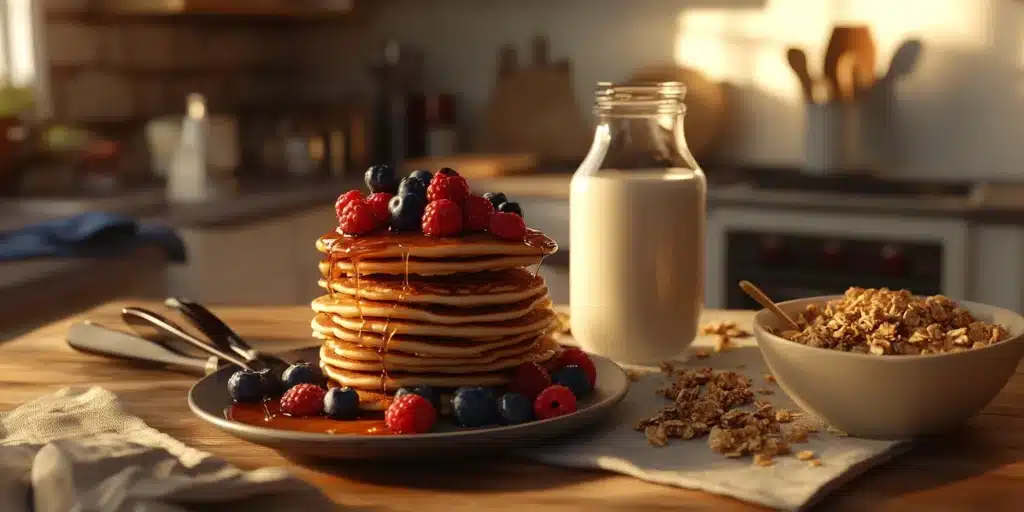 A vibrant dairy-free breakfast spread with pancakes, almond milk, and granola in a cozy kitchen with soft natural lighting