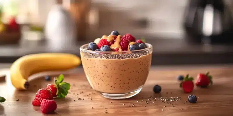 A bowl of creamy protein pudding garnished with fresh berries and chia seeds on a wooden kitchen counter, surrounded by fruits
