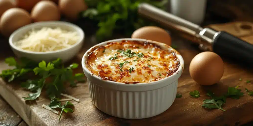 Fresh crab meat, egg yolks, cream, and garlic arranged on a wooden countertop with a ramekin of crab brulee, garnished with parsley and lit by natural light