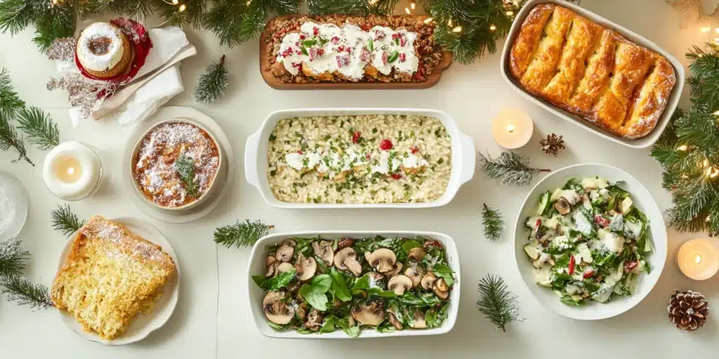 An overhead shot of an Italian Christmas dinner spread with tiramisu, panettone, risotto, and salad, beautifully arranged on a festive table