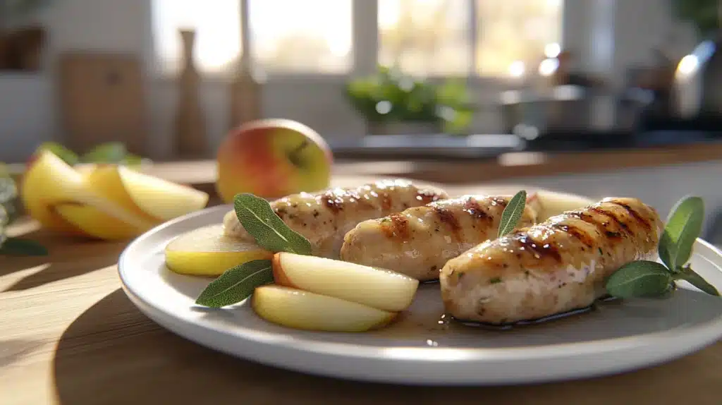 A plate of chicken apple sausage with sage and apple slices on a wooden kitchen counter, with a natural kitchen background.

