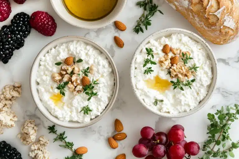 A bowl of traditional cottage cheese and a dairy-free alternative side by side, surrounded by fresh fruits and bread in a cozy kitchen setting.