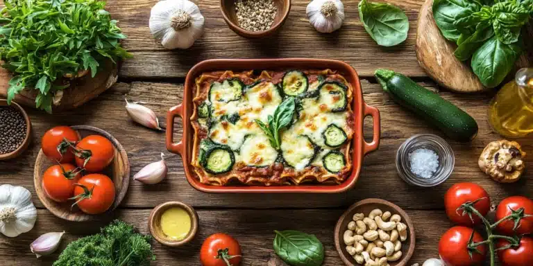 Freshly baked dairy-free lasagna with layers of spinach, zucchini, mushrooms, and melted vegan mozzarella, surrounded by fresh ingredients like cashews, garlic, tomatoes, and herbs on a rustic wooden table