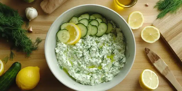 A bowl of creamy dairy-free tzatziki surrounded by cucumber, lemon, garlic, and fresh dill on a wooden kitchen counter.