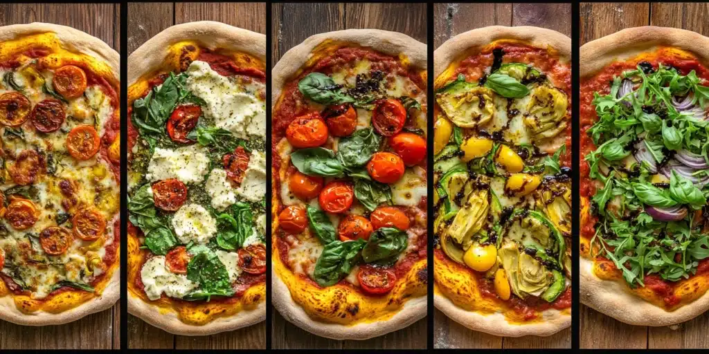 A split image with five dairy-free pizzas: cashew mozzarella with tomatoes, marinated artichokes, roasted vegetables, vegan sausage crumbles, and arugula with balsamic glaze.