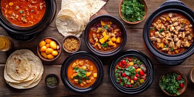 Overhead view of four colorful crockpot meals from around the world, including Moroccan Tagine, Indian Butter Chicken, Mexican Carnitas, and Thai Green Curry, arranged on a wooden table