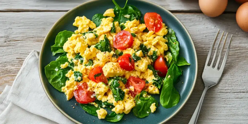 Bright breakfast table featuring high-protein meals like Greek yogurt parfaits, scrambled eggs, overnight oats, and a smoothie in a cozy kitchen setting.