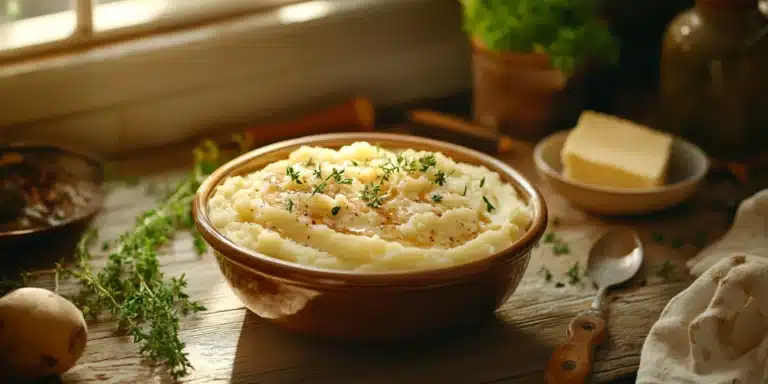 A comforting kitchen scene showing a bowl of creamy mashed potatoes topped with rich gravy, surrounded by fresh herbs and simple cooking tools, lit by warm, natural light from a nearby window.
