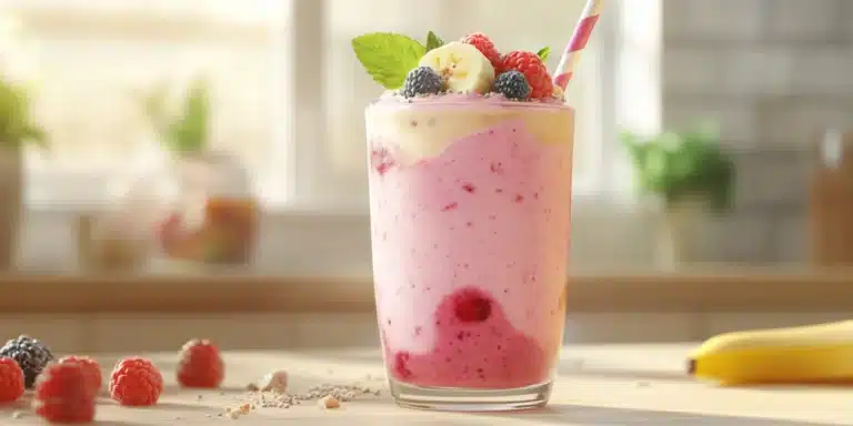 A clear glass of Greek yogurt smoothie with vibrant swirls of mixed berries, banana chunks, and a sprinkle of chia seeds on top. Garnished with fresh mint leaves and accompanied by a straw, the smoothie sits on a light wooden table in a minimalist kitchen with natural lighting highlighting its creamy texture and colorful ingredients