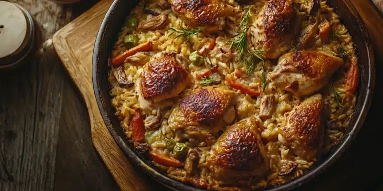 A close-up, overhead view of a one-dish chicken and rice casserole in a rustic baking dish, featuring a golden brown and bubbly top, with visible chicken, vegetables, and rice