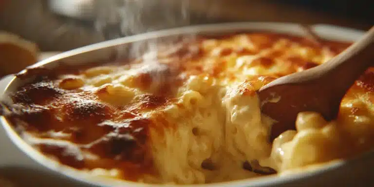 A close-up view of a serving of baked macaroni and cheese with a golden brown and bubbly crust, sitting in a white ceramic dish, with a wooden spoon nearby.
