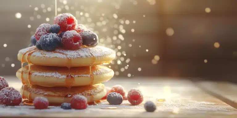 A close-up shot of a stack of fluffy mini pancakes drizzled with maple syrup and topped with fresh berries, all set against a light wooden background