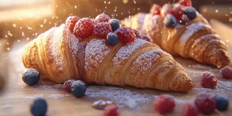 A close-up view of two slices of golden brown croissant french toast drizzled with maple syrup, topped with fresh berries and powdered sugar, all against a light wooden background