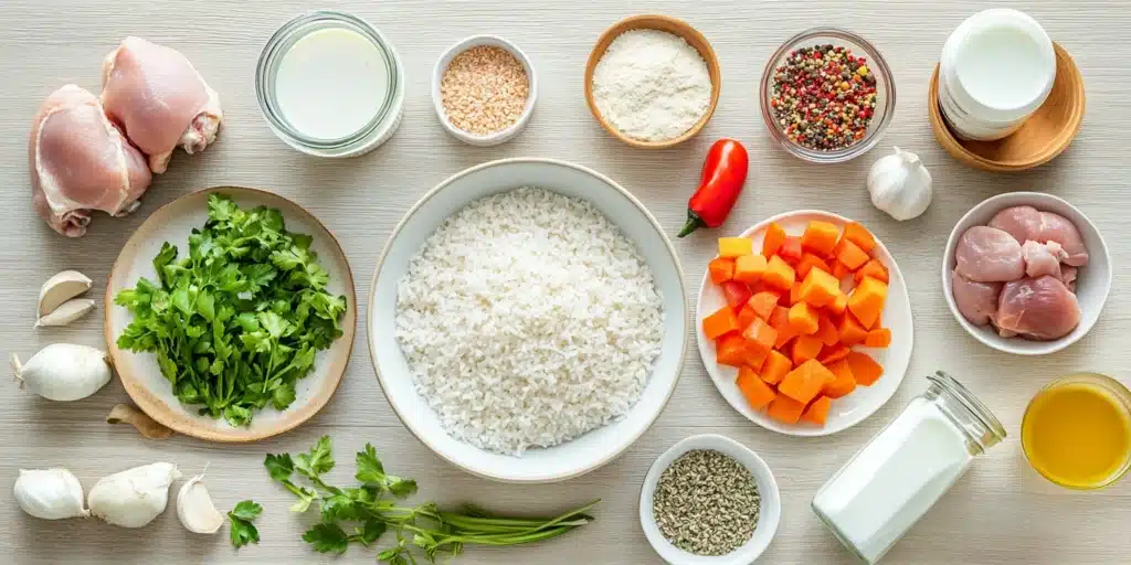 A flat lay photo of the ingredients needed for chicken and rice casserole, including rice, chicken thighs, chopped vegetables, chicken broth, milk, and seasonings on a light wooden surface