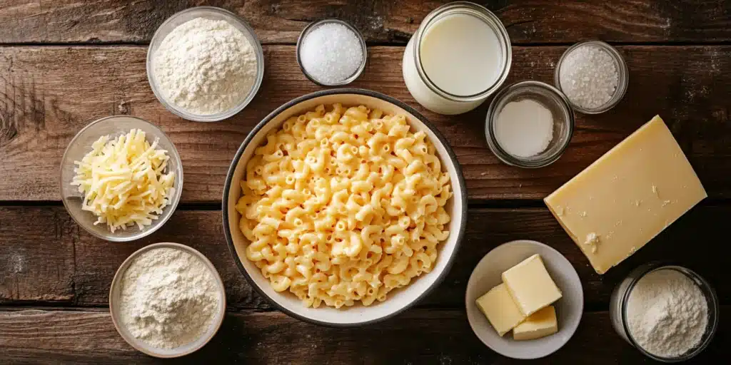 A flat lay photo of ingredients for baked macaroni and cheese, including elbow macaroni, shredded cheddar cheese, milk, butter, flour, parmesan cheese, salt, and pepper, all neatly arranged on a dark wooden surfac