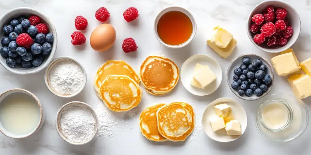 An overhead flat lay image of ingredients for mini pancakes, including flour, eggs, milk, baking powder, sugar, butter, a small bowl of berries and maple syrup, arranged on a white marble surface