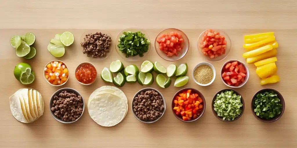A flat lay photo of mini taco ingredients, including tortillas, ground beef, various chopped vegetables, salsa, lime wedges and taco seasoning neatly arranged on a light wooden surface
