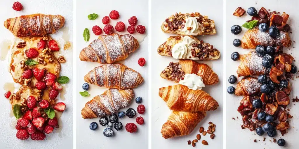 A flat lay image split into four panels, each showcasing a different variation of croissant french toast: classic with powdered sugar and maple syrup, one with fresh berries and cream cheese stuffing, another with chocolate hazelnut spread and chopped hazelnuts, and a final one that is savory with bacon and cheese.