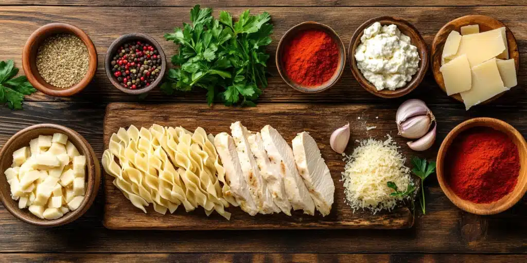 A neatly organized display of Alfredo lasagna ingredients, including lasagna noodles, chicken slices, Alfredo sauce, mozzarella and ricotta cheeses, garlic, parsley, basil, Parmesan cheese, and spices on a wooden countertop.