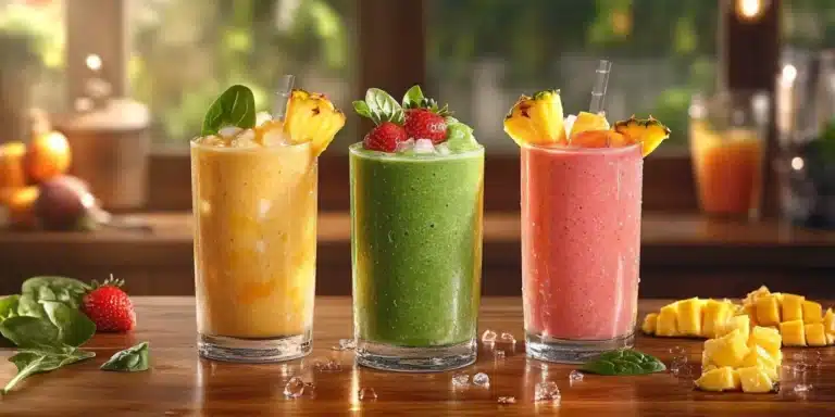 Three colorful smoothies inspired by Tropical Smoothie Cafe recipes, garnished with fruit, set on a wooden kitchen counter with a blender and fresh fruit.