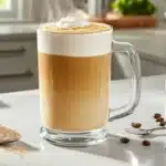 Close-up image of a creamy protein coffee with frothy top, placed on a kitchen countertop surrounded by protein powder, milk, and coffee beans.