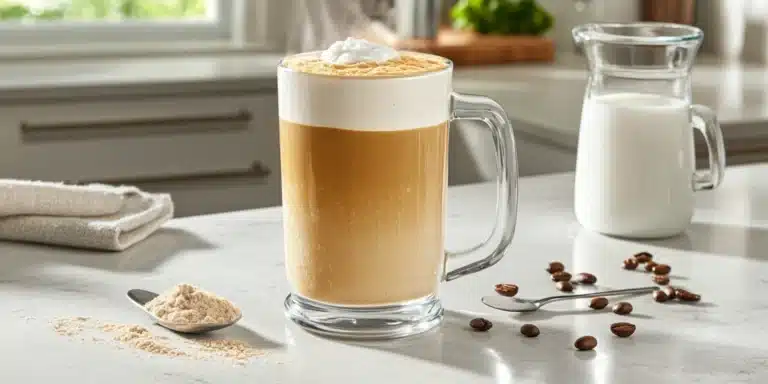 Close-up image of a creamy protein coffee with frothy top, placed on a kitchen countertop surrounded by protein powder, milk, and coffee beans.