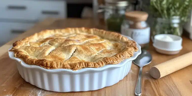 A golden, freshly baked dairy-free chicken pot pie in a baking dish, sitting on a wooden countertop with soft kitchen lighting.