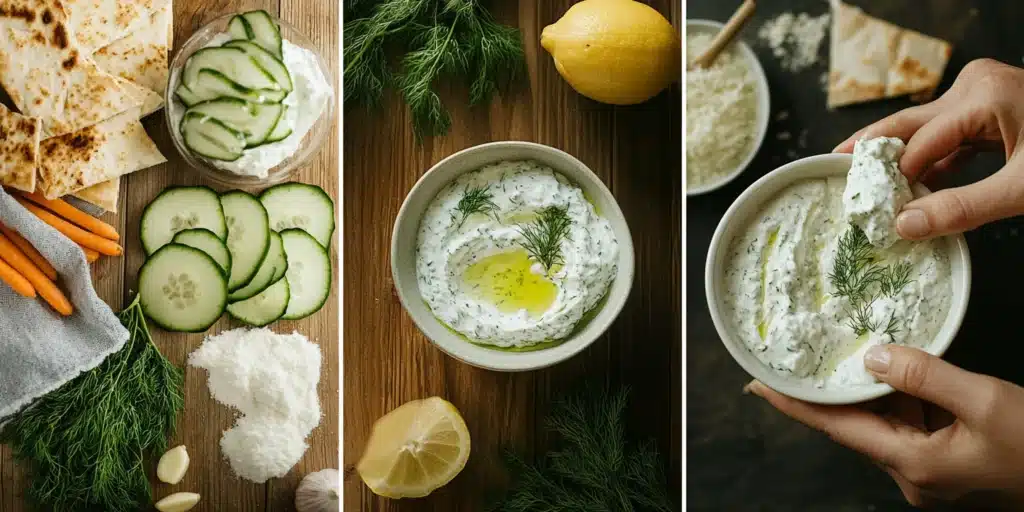 A 3-panel step-by-step visual of making dairy-free tzatziki: fresh ingredients, grating cucumber, and the final creamy dish garnished with dill.