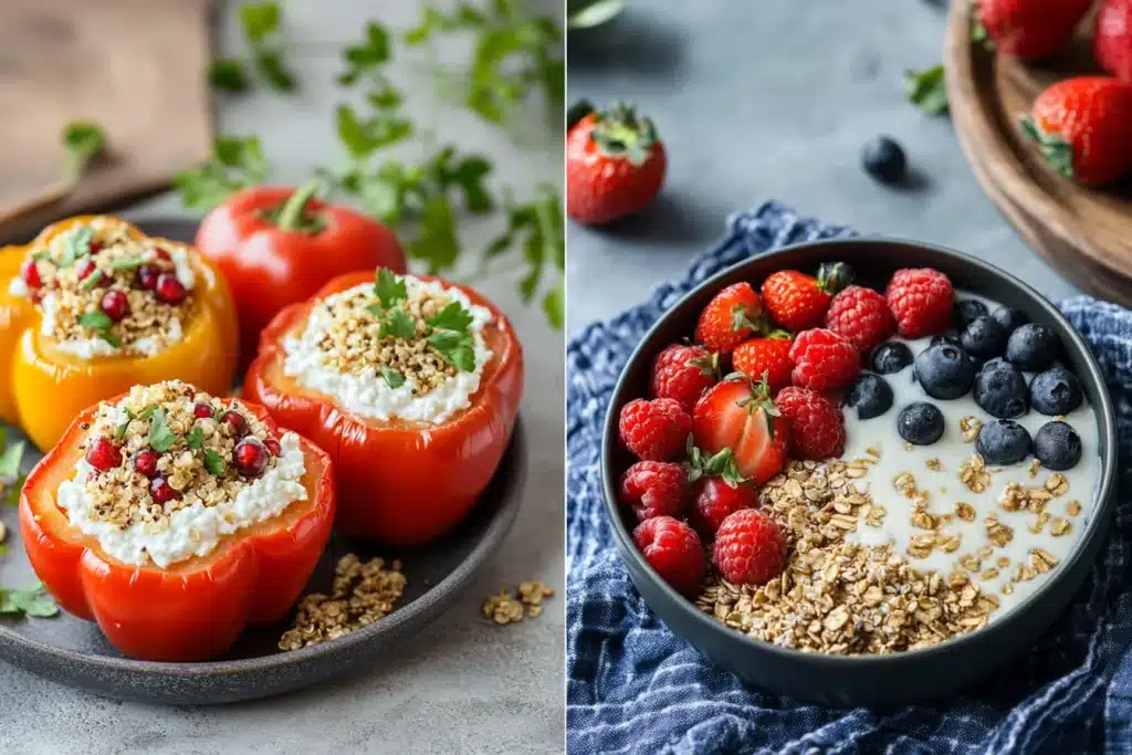 A split-screen image: left shows dairy-free cottage cheese in stuffed bell peppers, right shows a smoothie bowl with traditional cottage cheese, berries, and granola.






