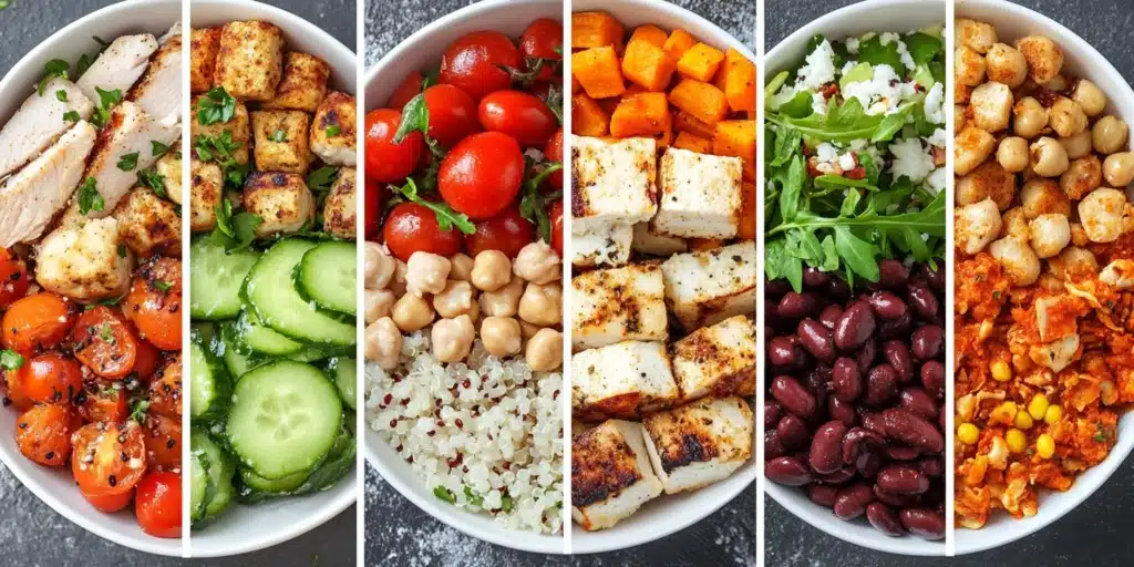 Five-panel split image showcasing high protein dinner dishes: Greek Chicken Bowls, Tofu Stir-Fry with Cashews, Eggplant Chickpea Curry, Baked Salmon with Sweet Potato Fries, and Turkey Quinoa Stuffed Bell Peppers.