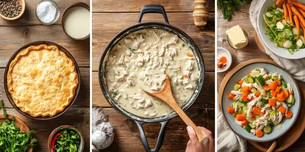 A 3-panel step-by-step visual: ingredients for dairy-free chicken pot pie, creamy filling in a skillet, and the finished pie served with salad.