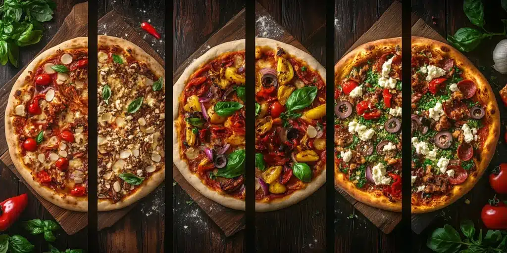 A split image with five dairy-free pizzas: caramelized onions and garlic, dairy-free feta with olives, BBQ jackfruit, sun-dried tomatoes with basil, and pineapple with jalapeños.
