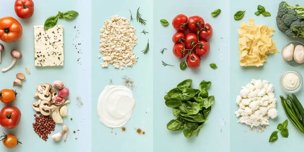 Infographic-style image with four panels showcasing key components for dairy-free lasagna: 1. Dairy-Free Cheese Alternatives featuring cashew ricotta, vegan mozzarella, and nutritional yeast; 2. Creamy White Sauce Without Dairy displaying plant-based milk, cashew cream, and cauliflower; 3. Hearty Protein Fillings showing ground tofu, lentils, mushrooms, and vegan sausage crumbles; 4. Fresh Vegetables including spinach, zucchini, eggplant, and tomatoes. Each panel is brightly colored, clearly labeled, and designed in a clean, modern style