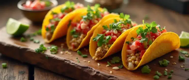 A close-up, overhead view of a variety of colorful mini tacos on a rustic wooden board, showcasing vibrant toppings