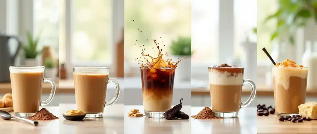 Five-panel split image showcasing different protein coffee variations: Classic protein coffee, iced protein coffee, chocolate protein coffee, vanilla protein coffee, and natural protein coffee with nut butter and milk.