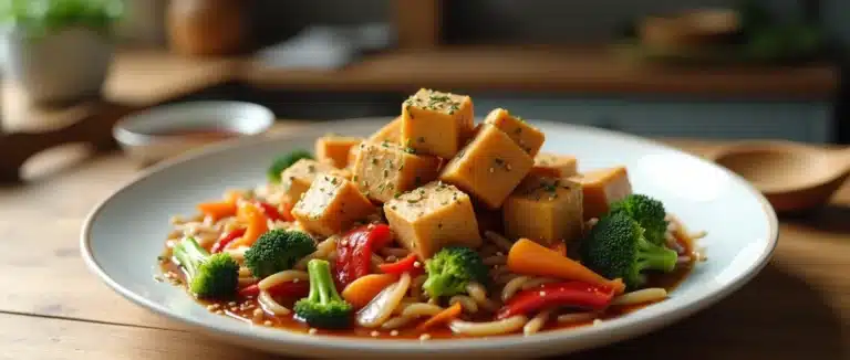 A close-up of a vegan tauhu dish with crispy tofu and colorful stir-fried vegetables, served on a white plate in a cozy kitchen