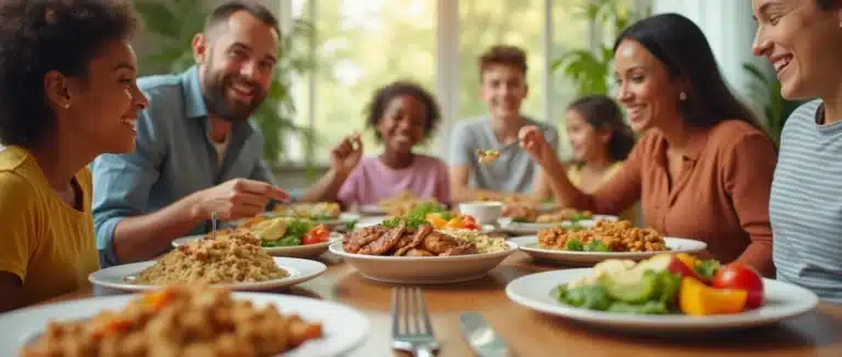 Family enjoying a high protein dinner together around a beautifully set table filled with nutritious dishes.