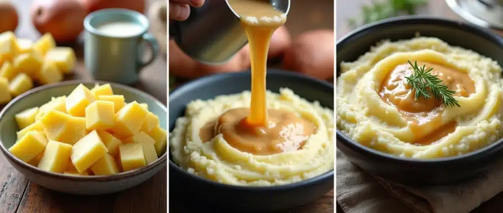 Left panel shows peeled, chopped potatoes alongside butter and a small pitcher of cream;
Middle panel features melted butter and warm cream being poured over the cooked potatoes;
Right panel presents a final bowl of creamy mashed potatoes topped with rich gravy and fresh herbs.