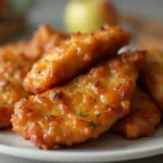 Close-up of apple and honey-glazed chicken tenders.