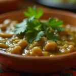 Close-up of a bowl of green chili gravy with cilantro garnish.