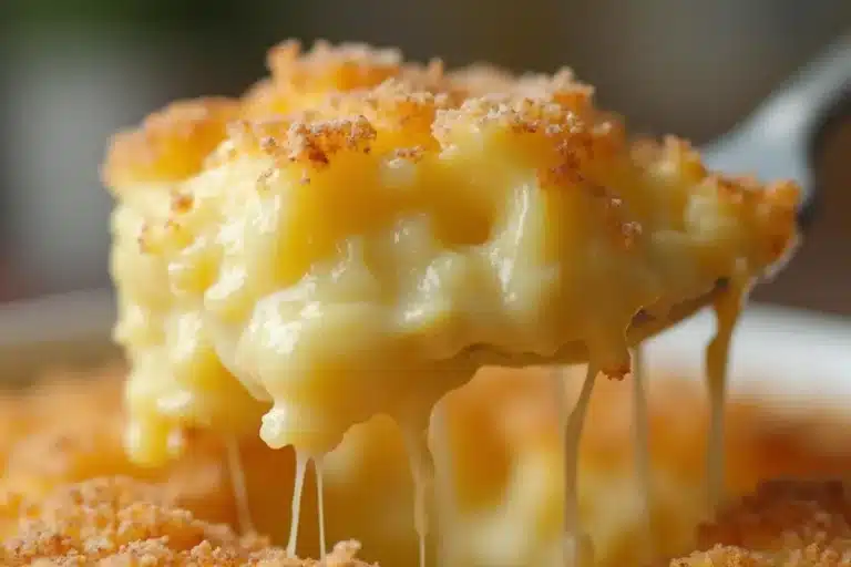 Close-up of creamy scalloped potatoes with cheese powder.