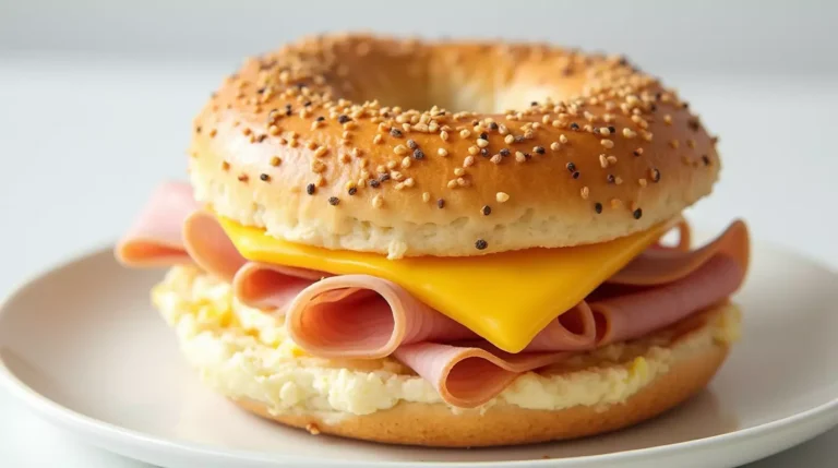 Close-up of a ham, egg, and cheese bagel on a white plate.