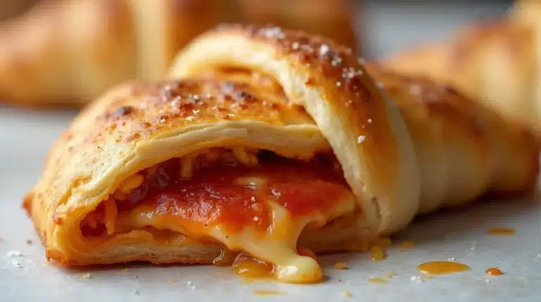 Close-up of a golden brown pizza calzone