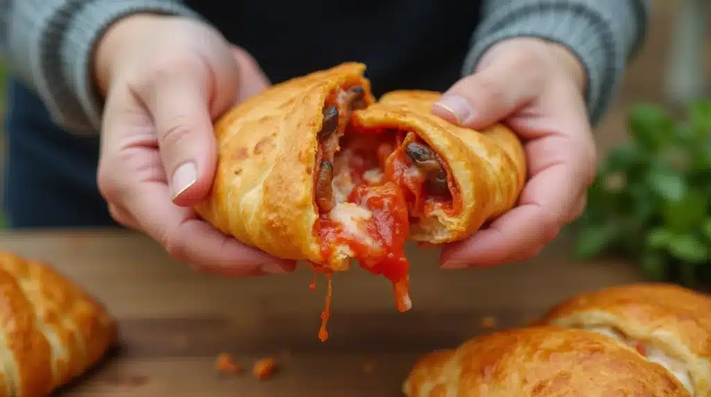 Enjoying a homemade pizza calzone.